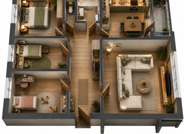 Ťahanovce - 4 izbový byt,  82 m2 + loggia. Krásny výhľad na mesto - Vizualizácia 4-izbového bytu s podlahou s dreveným dekorom a moderným zariadením.