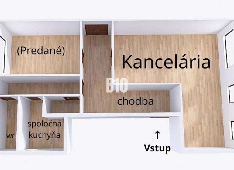 Moderná kancelária v obľúbenej časti trenčína - Vinohrady - cena s DPH - Pôdorys kancelárie s chodbou, kuchyňou, WC a podlahou s dreveným dekorom.