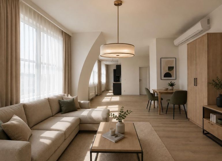 VÝNIMOČNÝ SLNEČNÝ APARTMÁN v centre mesta, UNO Poštová - Obývacia izba s pohovkou, stolom a podlahou s dreveným dekorom v 1-izbovom byte.