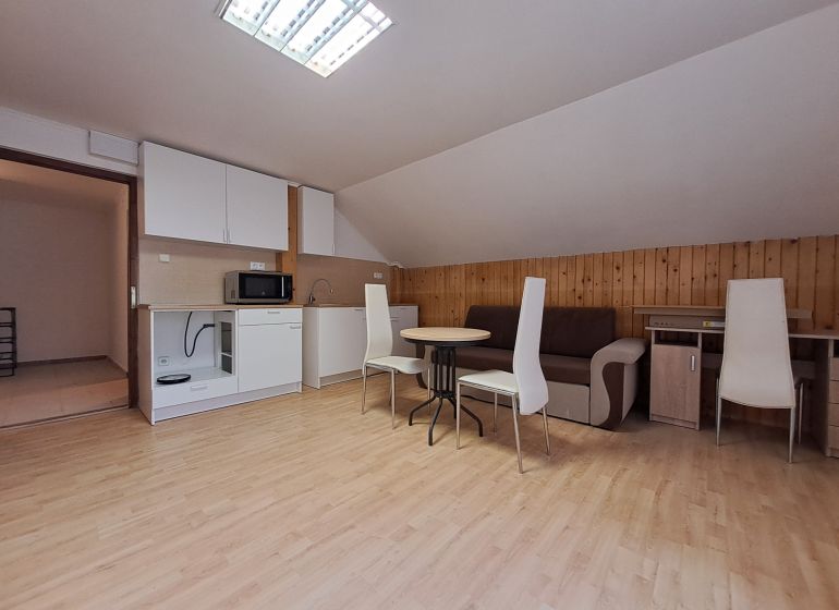 NA PRENÁJOM 3 izbový byt v rodinnom dome Martin Sever - Poddrovný apartmán s kuchyňou, podlahou s dreveným dekorom a jedálenským stolom v 3-izbovom byte.
