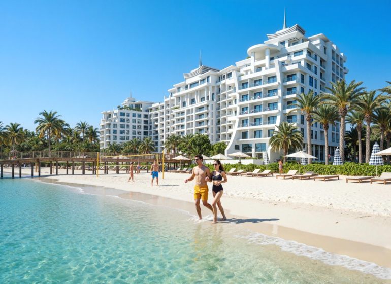 Predaj 5-izbového bytu, Zanzibar - Pláž v Paje s bielym pieskom, palmami a luxusnými apartmánmi v pozadí.