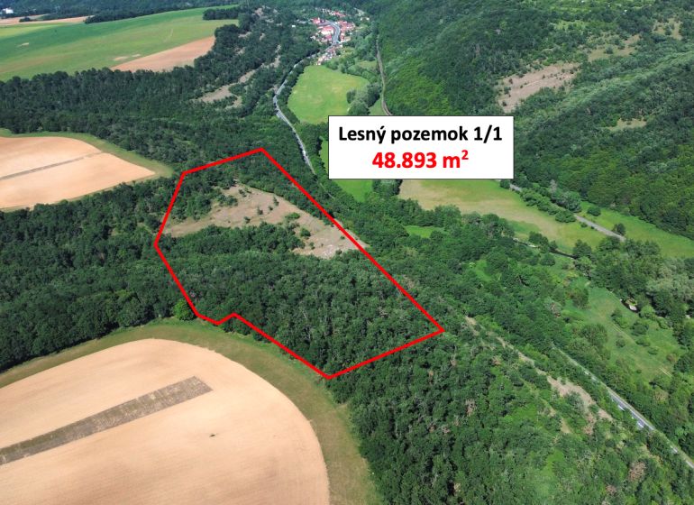 Domaníky – 49.000 m2 LESNÝ REKREAČNÝ POZEMOK v podiele 1/1 - Letecký pohľad na lesný pozemok v Domaníkoch s rozlohou 48.893 m².