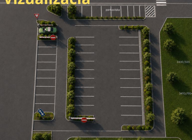 Na predaj rovinatý pozemok pre parkovisko 778m2 -  Zvolen-Západ P098ZL - Parkovisko na Novozámockej ulici vo Zvolene, Banskobystrický kraj, Slovensko obklopené zeleňou.