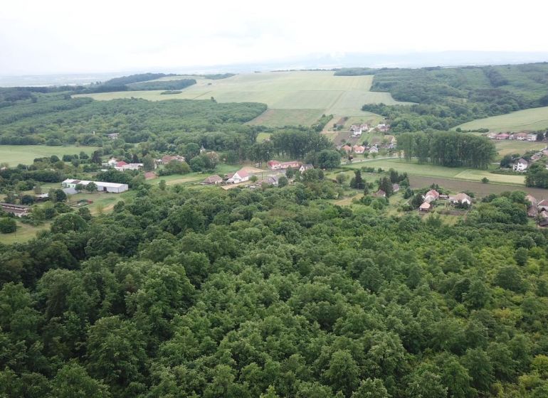Na predaj 13,8 ha agropôdy v Trebušovciach – 11,5 ha ucelený pozemok  - Letecký pohľad na poľnohospodárske a lesné pozemky v okolí Trebušoviec s dedinským osídlením.