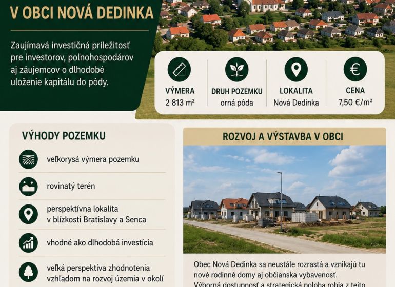 Investičný pozemok  - Nová Dedinka  - Ponuka investičného poľnohospodárskeho pozemku v Novej Dedinke s perspektívou zhodnotenia.