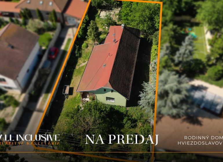 Na predaj 3-izb. rd s veľkým pozemkom, Hviezdoslavov - Letecký pohľad na rodinný dom v Hviezdoslavove obklopený zeleňou a záhradou.