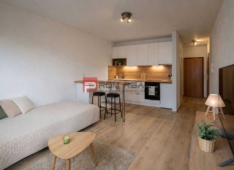 Útulná garzónka v srdci Ružinova pri OC Perla Ružinova - Rekreačný apartmán s podlahou s dreveným dekorom, sedačkou, kuchyňou a televízorom.