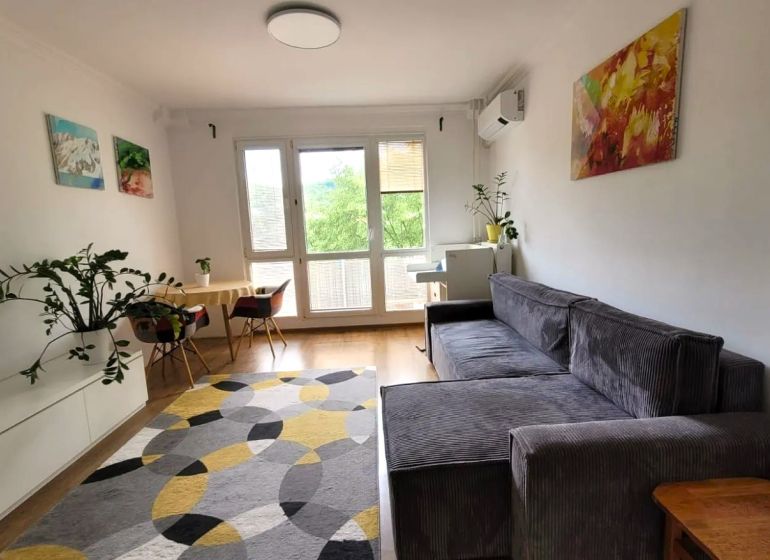 Prenájom 3 izbový byt, Teplická ulica, Bratislava III. Nové Mesto - Obývacia izba s pohovkou v 3-izbovom byte s podlahou s dreveným dekorom a dekoráciami.