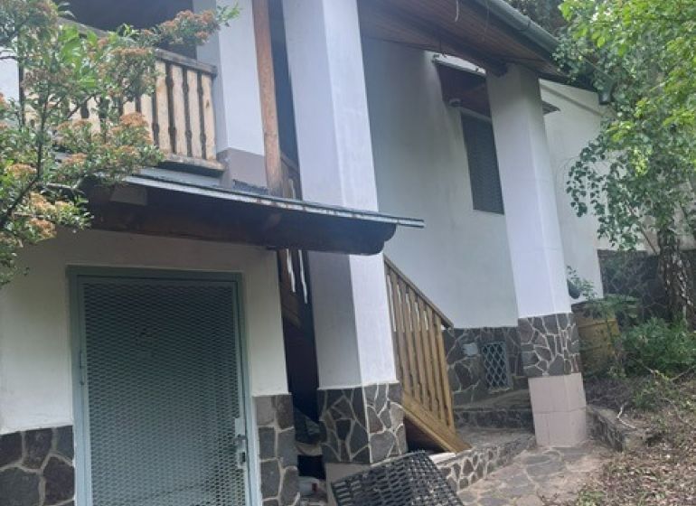 PREDAJ/ Krásna chalupa s vinicou/Jablonov nad Turňou - Chata v Jablonove nad Turňou, obklopená zeleňou, s terasou a kamenným obkladom.
