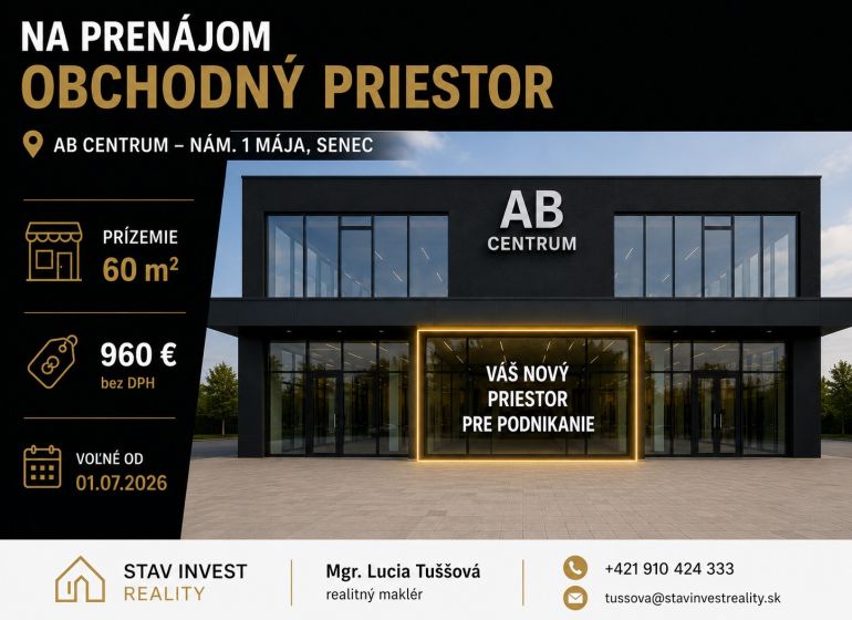Obchodný priestor v centre Senca  na prenájom - Obchodné priestory na prenájom v AB Centrum, nám. 1. mája, Senec, s výmerou 60 m².