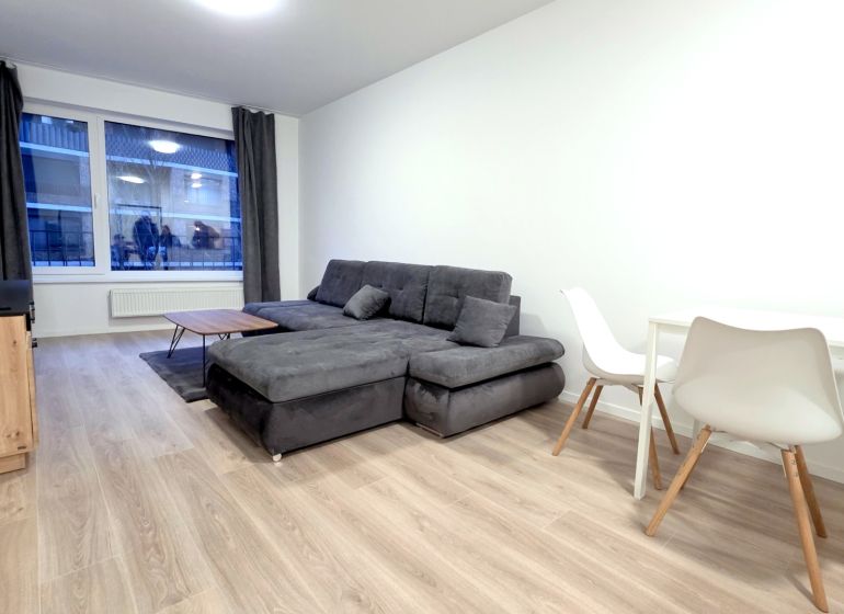 U NÁS !!! MODERNÝ 2i,NOVOSTAVBA, LOGGIA, Slnečnice UNIQ, Fialova ulica - Svetlá obývacia izba s podlahou s dreveným dekorom a sivou sedačkou v 2-izbovom byte.