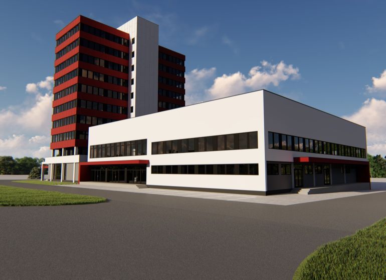 FORVIN TOWER - Predaj administratívnej budovy, Veľký Krtíš - Budova na ulici s logom leva, Zvláštne nehnuteľnosti, trávnik, modrá obloha.
