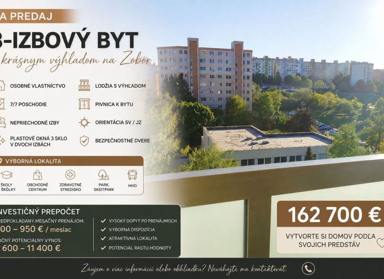 ✨VÝNIMOČNÝ 3-IZBOVÝ BYT S PANORAMATICKÝM VÝHĽADOM NA ZOBOR ✨ - Predaj 3-izbového bytu na Zvolenskej ulici v Nitre s výhľadom na Zobor.