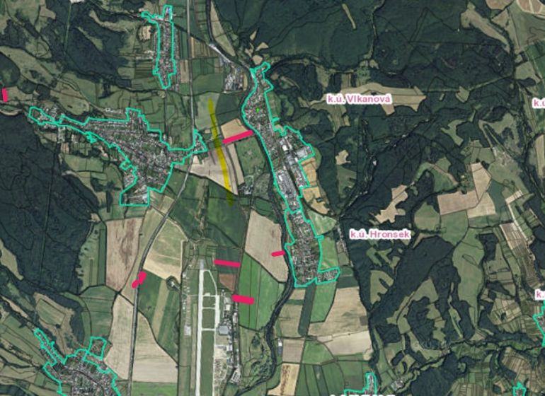 Pozemky na predaj  Badín, okres Banská Bystrica  - Letecká mapa poľnohospodárskych a lesných pozemkov v okolí Badína.
