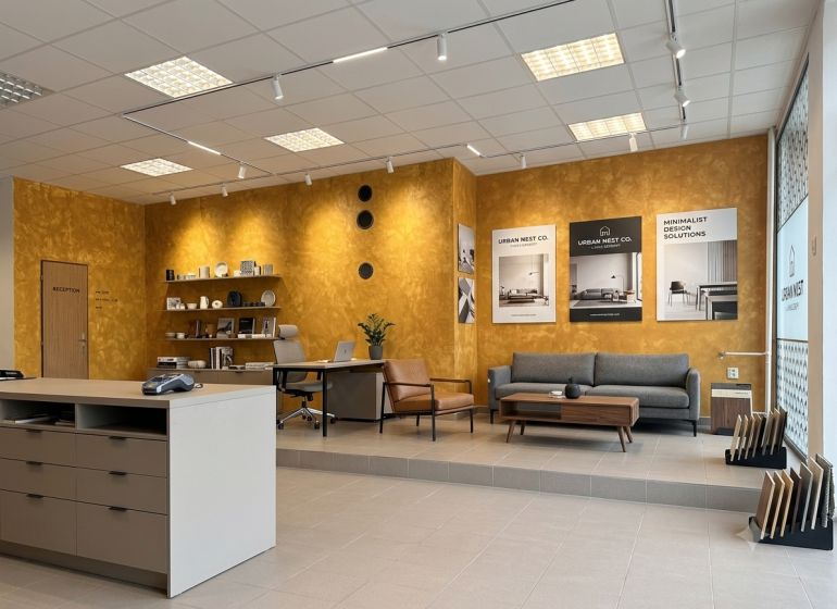 Prenájom 148,25 m² showroom, predajňa | Zlatovce - Interiér obchodných priestorov, sedenie, stôl, žlté steny, podlaha s dreveným dekorom.