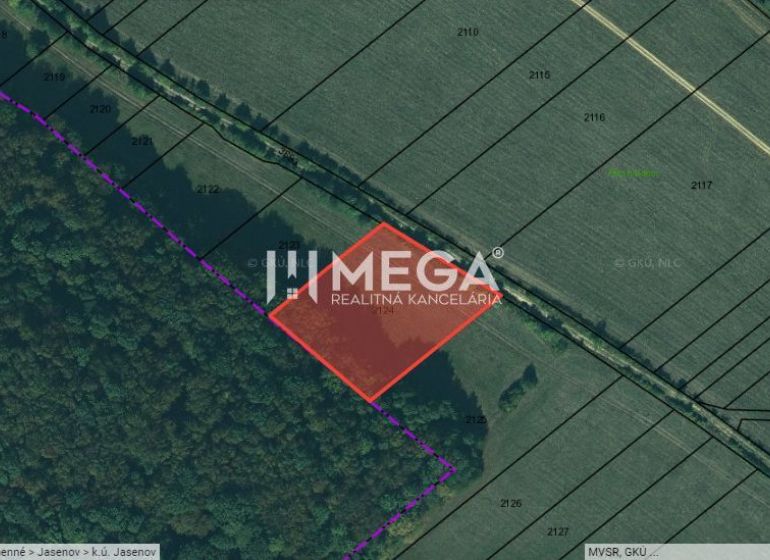 NA PREDAJ - investičný pozemok v obci Jasenov - Letecká mapa v Jasenove na Jasenov ulici, znázorňujúca pozemky a zvláštne nehnuteľnosti.