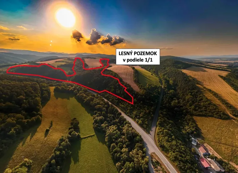 Rokycany – 125.140 m2 LESNÝ POZEMOK v podiele 1/1 - Letecký pohľad na poľnohospodárske a lesné pozemky pri Rokycanoch so západom slnka.
