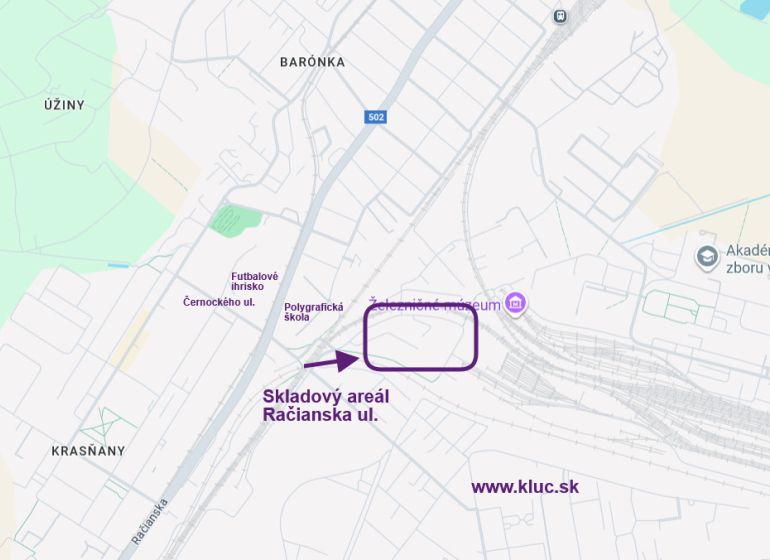 Sklad. priestory 200m2 - 1000m2, spevnené plochy do 6000m2 v areáli. - Mapa znázorňujúca skladový areál na Račianskej ulici v Bratislave - Rači.
