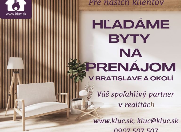 Hľadáte spoľahlivého nájomcu do svojho bytu? - Inzercia na prenájom byty Bratislava, elegantný interiér, možnosť prenájmu 2-izbového bytu.