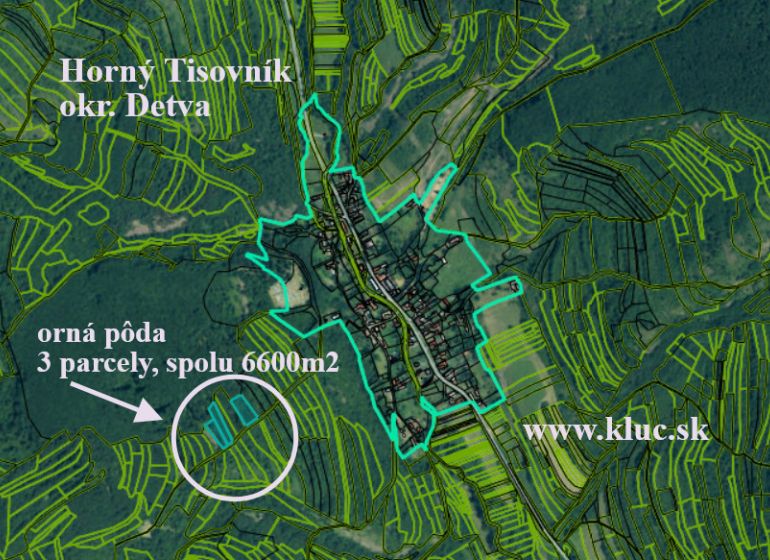 Ponúkame pozemky, od 1000m2, pôdu a les, spolu viac ako 4ha. - Mapa poľnohospodárskych a lesných pozemkov v okolí Horného Tisovníka, okres Detva.