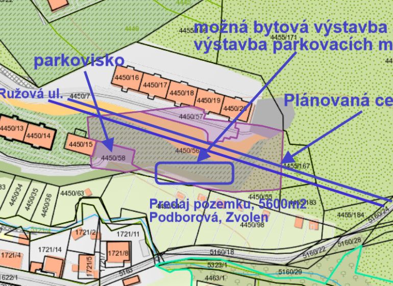Predaj investičného pozemku. Podborová - Plánovaná cesta prechádza Ružovou ulicou vo Zvolene, pozemky - bývanie na predaj.