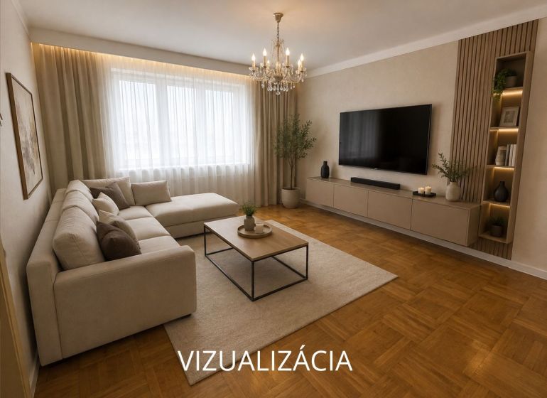 PREDAJ: 2i byt; 65 m2; CENTRUM - KRUPINA; 84.500 €  - Obývacia izba s rohovou sedačkou, TV a podlahou s dreveným dekorom v 2-izbovom byte.