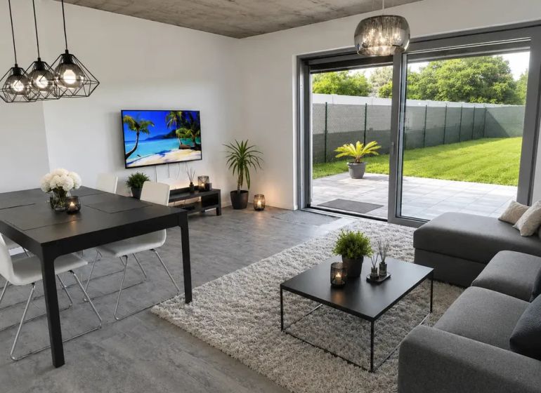 ZARIADENÁ NOVOSTAVBA 5 MINÚT OD TRNAVY - Obývačka v rodinnom dome s podlahou s dreveným dekorom a výhľadom do záhrady.