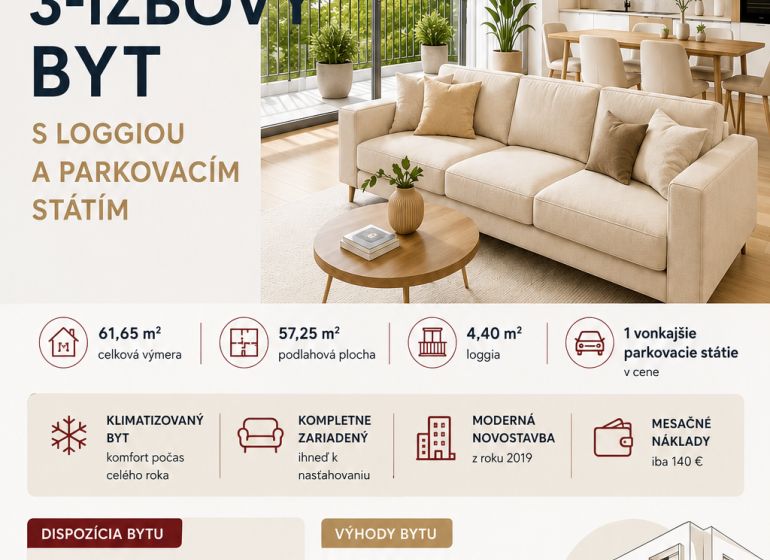 Na predaj 3 izbový byt Malacky  - Ponuka 3-izbového bytu v Malackách s loggiou a parkovaním, celková plocha 61,65 m².