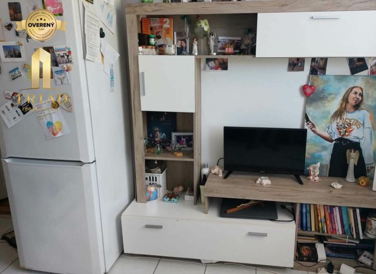 Predaj 1 izbový byt Nové Zámky - Obývacia izba v 1-izbovom byte s bielym nábytkom a dekoráciami.