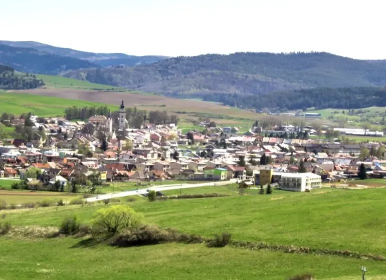 Ľubické kúpele, Ľubica – 3.373 m2 LESY a ORNÁ pôda - Predaj - Ľubica obklopená poľnohospodárskymi a lesnými pozemkami s kopcami v pozadí.