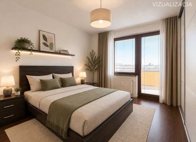 NOVINKA!!! Priestranný 3-izbový byt, 72 m² | Karpatská, Sásová - Spálňa v 3-izbovom byte s podlahou s dreveným dekorom, veľkou posteľou a oknom na balkón.