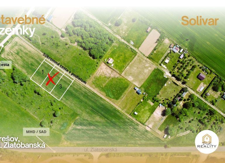PREDAJ | Už LEN 2 POZEMKY pre RD, Prešov, Solivar - Pozemky na bývanie na Zlatobanskej ulici v Prešove, obklopené zeleňou a súkromnou cestou.