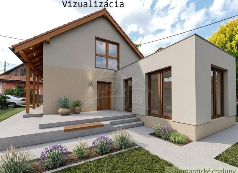 Dom s chalupárskou atmosférou s nadstavbou v peknom prostredí v obci Š - Rodinný dom v Šútovciach s modernou fasádou, záhradou a parkovaním v pozadí.