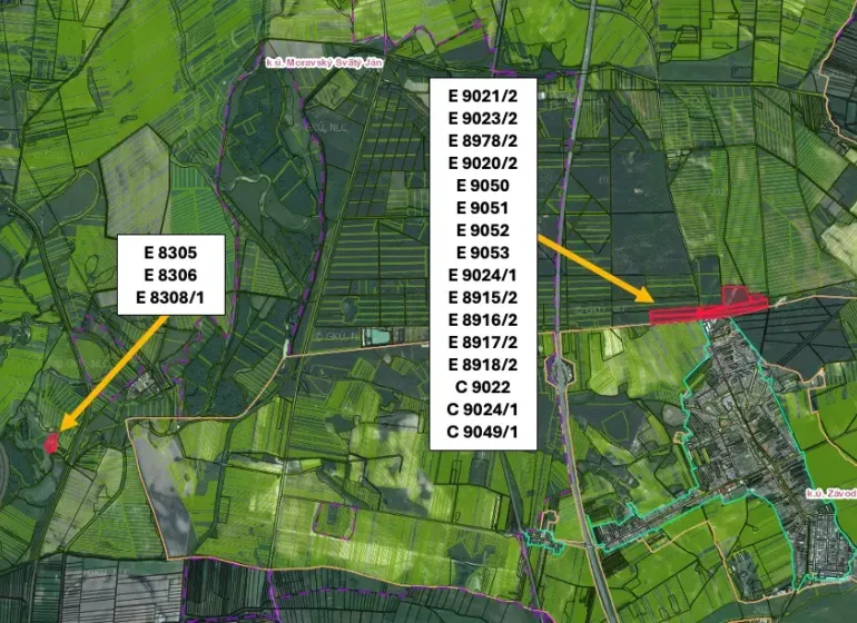 Moravský Svätý Ján – 1.580 m2 LES  - Mapa poľnohospodárskych a lesných pozemkov v okolí Moravského Svätého Jána.
