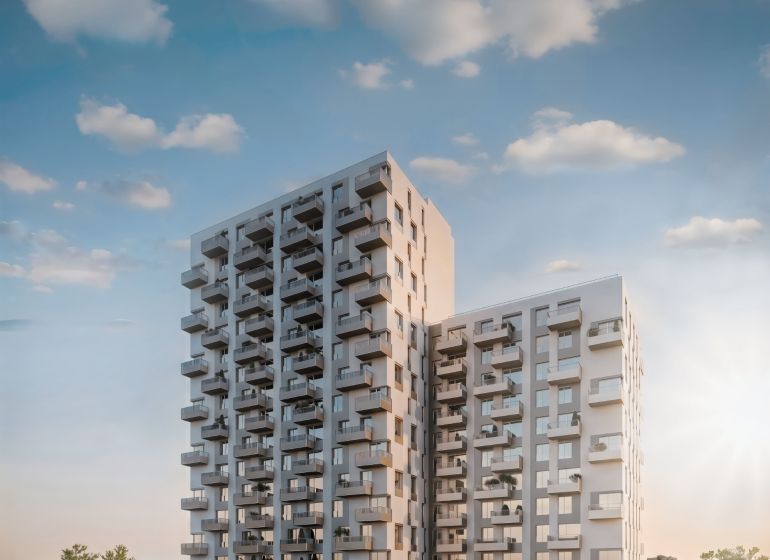 3-izbový byt s balkónom, Brenner – Residence, Ružinov - Výšková budova na Mlynských Nivách v Bratislave - Ružinove s balkónmi a zeleňou.