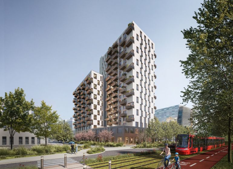 2-izbový byt s balkónom, Brenner – Residence, Ružinov. - Novostavba s balkónmi, cyklista a električka na Mlynských Nivách v Bratislave-Ružinove.