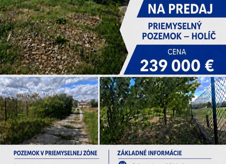 Na predaj rovinatý pozemok v priemyselnej časti Holíča. - Priemyselný pozemok v Holíči s budovou, oplotením a prístupovou cestou.