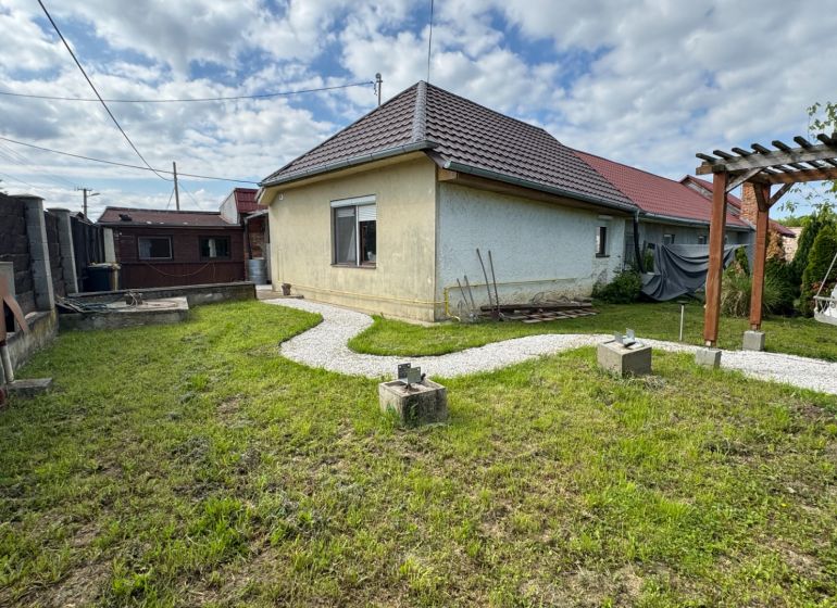 NA PREDAJ rodinný dom vo Svätoplukove - Záhrada pri rodinnom dome v Svätoplukove s chodníkom a hojdačkou.