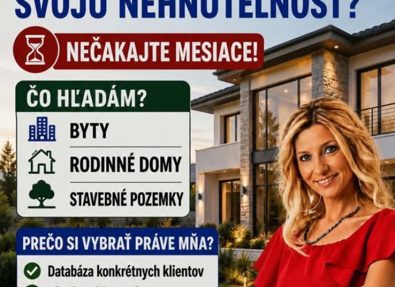 PREDAJ A PRENÁJOM NEHNUTEĽNOSTI V OKRESE DUNAJSKÁ STREDA - Inzercia realitnej kancelárie s popisom služieb a fotografiou maklérky.