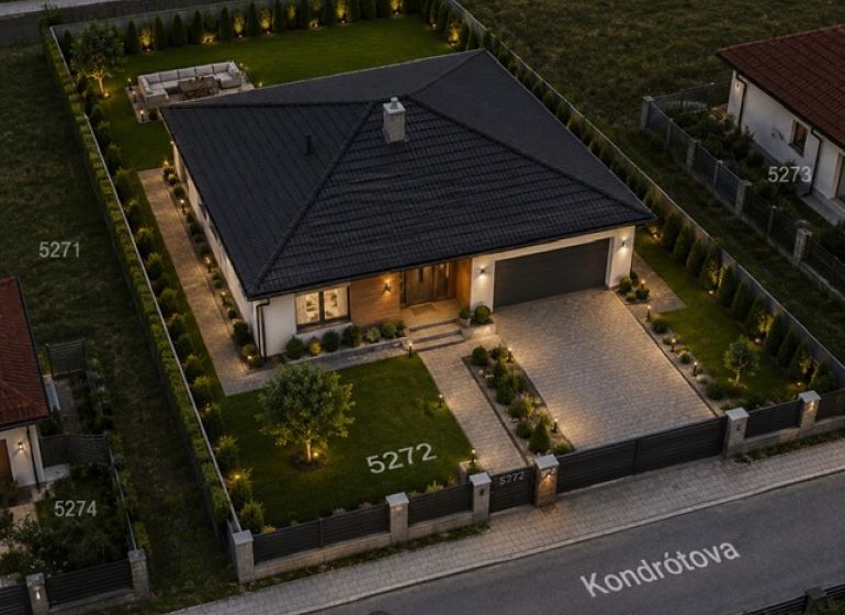 Na predaj ideálny stavebný pozemok Bernolákovo 662m2 - Večerný pohľad na rodinný dom s upravenou záhradou v Bernolákove na Kondrótovej, Pozemky - bývanie.