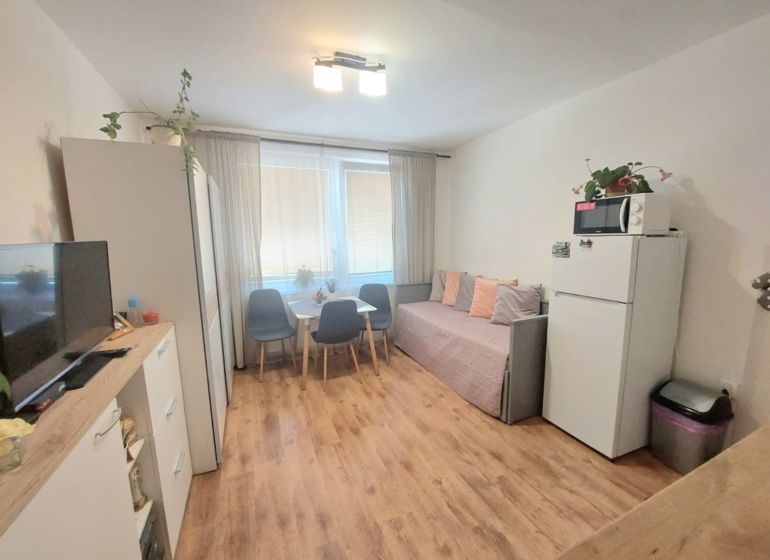 KOMPLETNE PREROBENÁ GARSÓNKA + PIVNICA: Nitra – Chrenová !  - Garsónka s podlahou s dreveným dekorom, stolom so stoličkami a pohovkou.