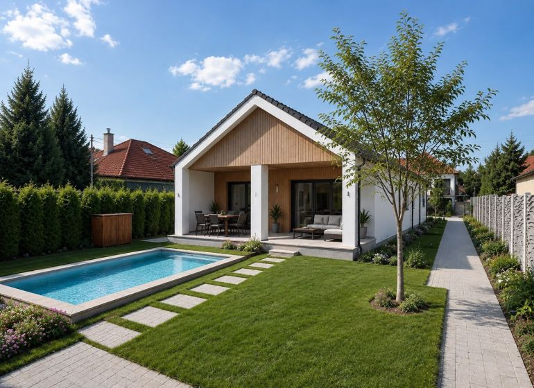 MODERNÝ 4-IZBOVÝ RODINNÝ DOM V ŠTÝLE BARNHOUSE – Veľká Mača  - Záhrada pri rodinnom dome s bazénom na ulici v Veľkej Mači pod modrou oblohou.