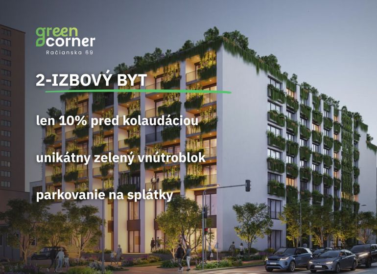 2 izbový byt 65 m² | Greencorner  | Bratislava-Nové mesto - Budova s rastlinnou fasádou na Račianskej ulici v Bratislave, ponúka 2-izbové byty.