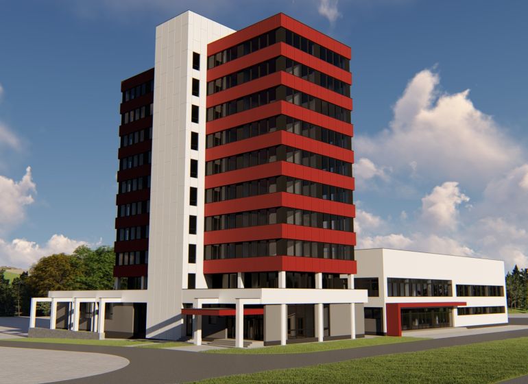 FORVIN TOWER - Predaj administratívnej budovy, Veľký Krtíš - Výšková budova so sklenenými oknami a červenými fasádami v ulici Liaz, Veľký Krtíš.