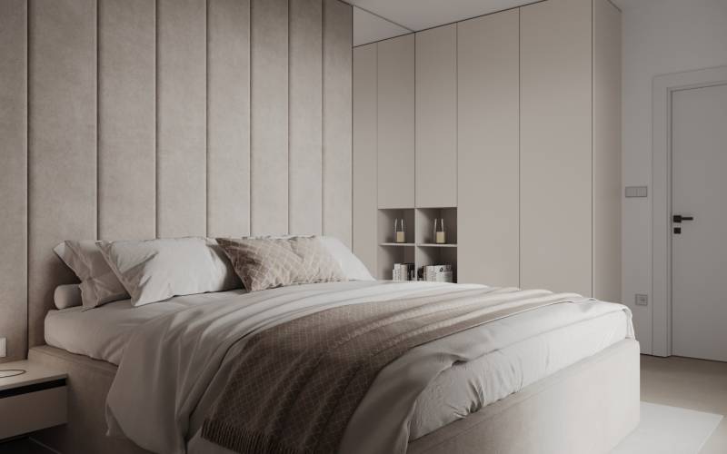 Novostavba: 2-izbový byt, 12 km od Viedne, Münichsthal - Elegantná spálňa s textilnou stenou, pohodlnou posteľou a vstavanou skriňou v 2-izbovom byte.