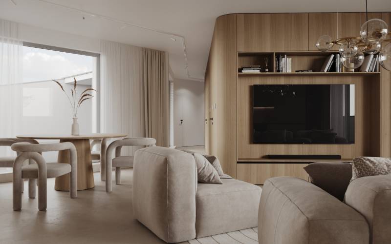 Novostavba: 2-izbový byt, 12 km od Viedne, Münichsthal - Obývačka na ulici Münichsthal s dreveným nábytkom a 2-izbový útulný priestor.