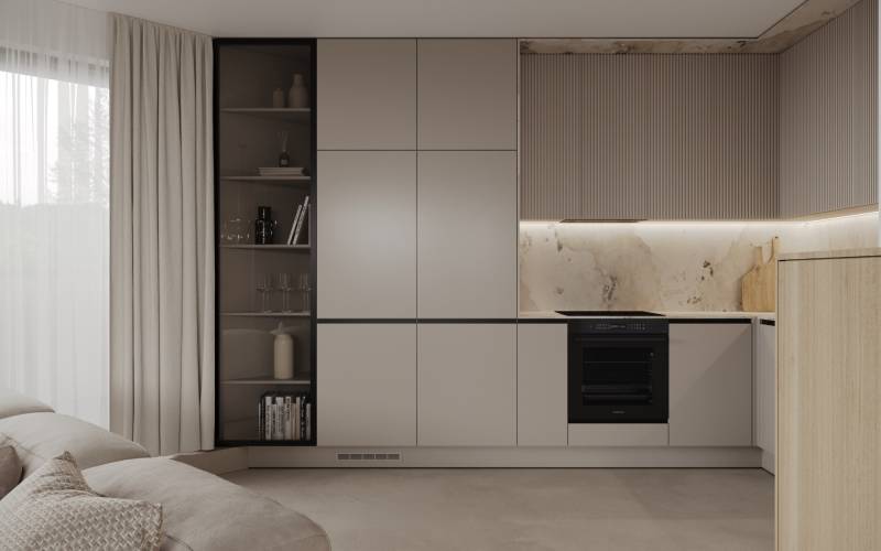 Novostavba: 2-izbový byt, 12 km od Viedne, Münichsthal - Kuchyňa s nábytkom na umiestnenie skla a kníh, vedľa sedačky na ulici Münichsthal.