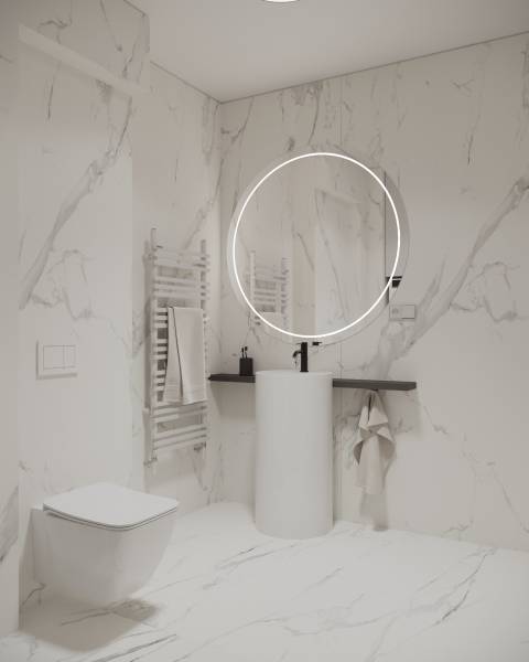 Novostavba: 2-izbový byt, 12 km od Viedne, Münichsthal - Minimalistická kúpeľňa s mramorovým dekorom, kruhovým zrkadlom a elegantným umývadlom.