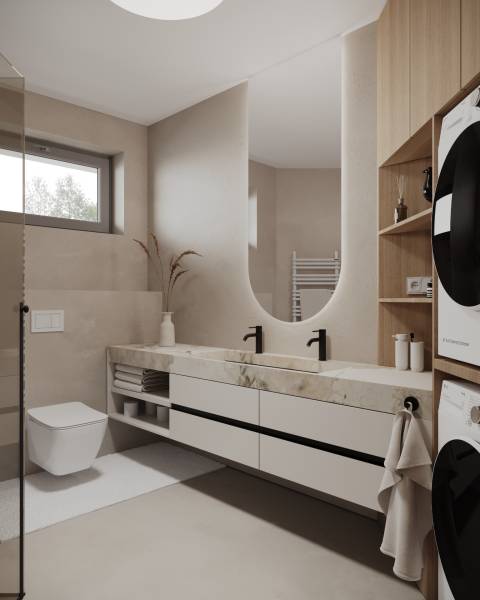 Novostavba: 2-izbový byt, 12 km od Viedne, Münichsthal - Kúpeľňa s dvojitým umývadlom, bielymi skrinkami a práčkou, vhodná pre 2-izbový byt.