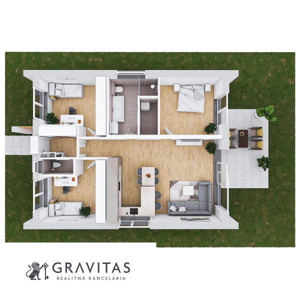 Na predaj nový 4-izbový rodinný dom (Typ ALEX-51) - Pôdorys moderného bungalovu s izbou, kúpeľňou, kuchyňou a obývačkou, vhodný pre rodinný dom.
